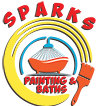 A logo featuring the text "Sparks Painting & Baths" with a graphic of a bathtub and shower, surrounded by circular, rainbow-like bands in yellow, blue, and red. A paintbrush illustration highlights their expertise in interior painting at the bottom right corner.