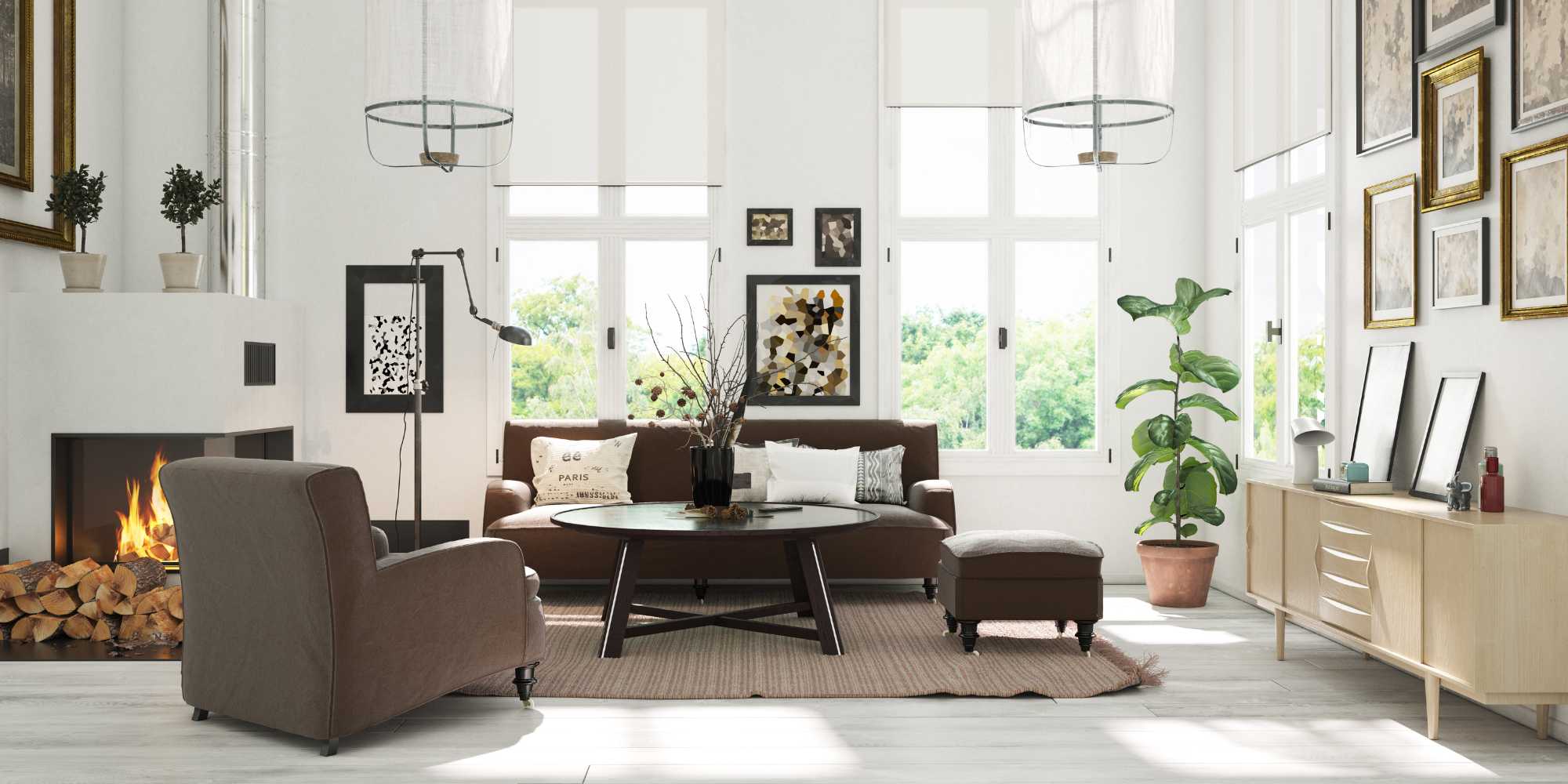 A spacious, modern living room with a freshly painted brown sofa and armchair, a round coffee table, and a crackling fireplace. Large windows let in natural light, while plants and framed artworks adorn the walls. A neutral-toned rug covers the light floor.